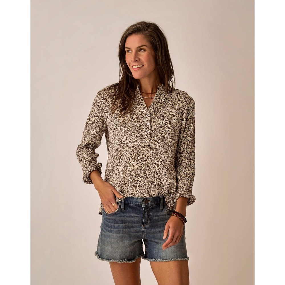Carve Designs Dylan Gauze Shirt Womens XXL Coffee Ditsy EUC Organic Cotton Boho